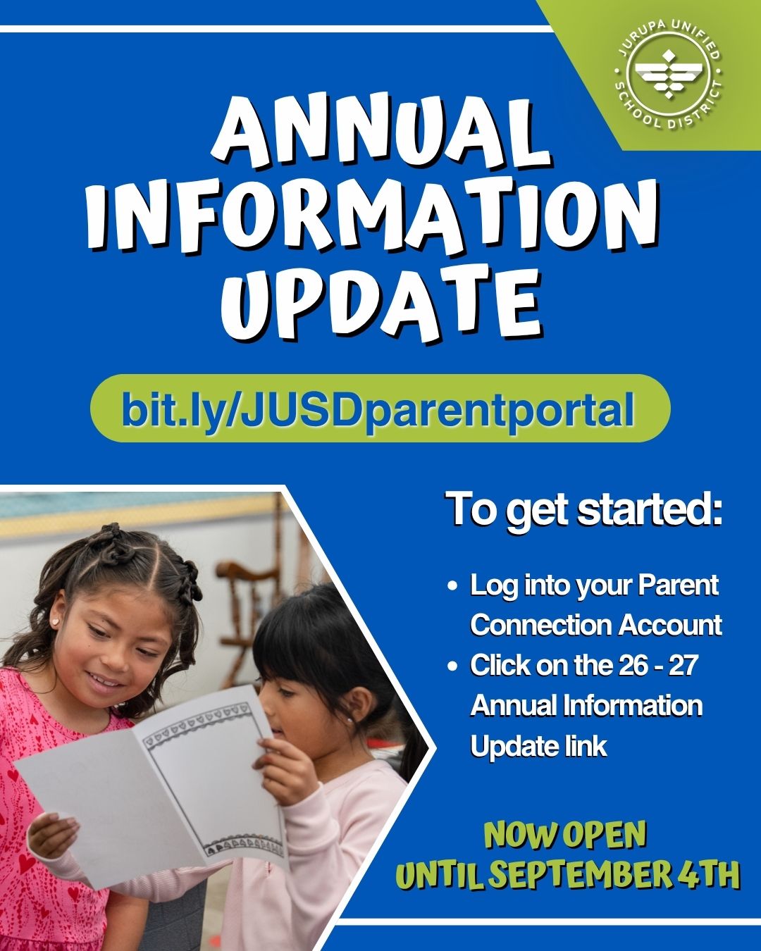 The English Annual Information Update Flyer which details until when the parent portal will remain open and how to update the information.