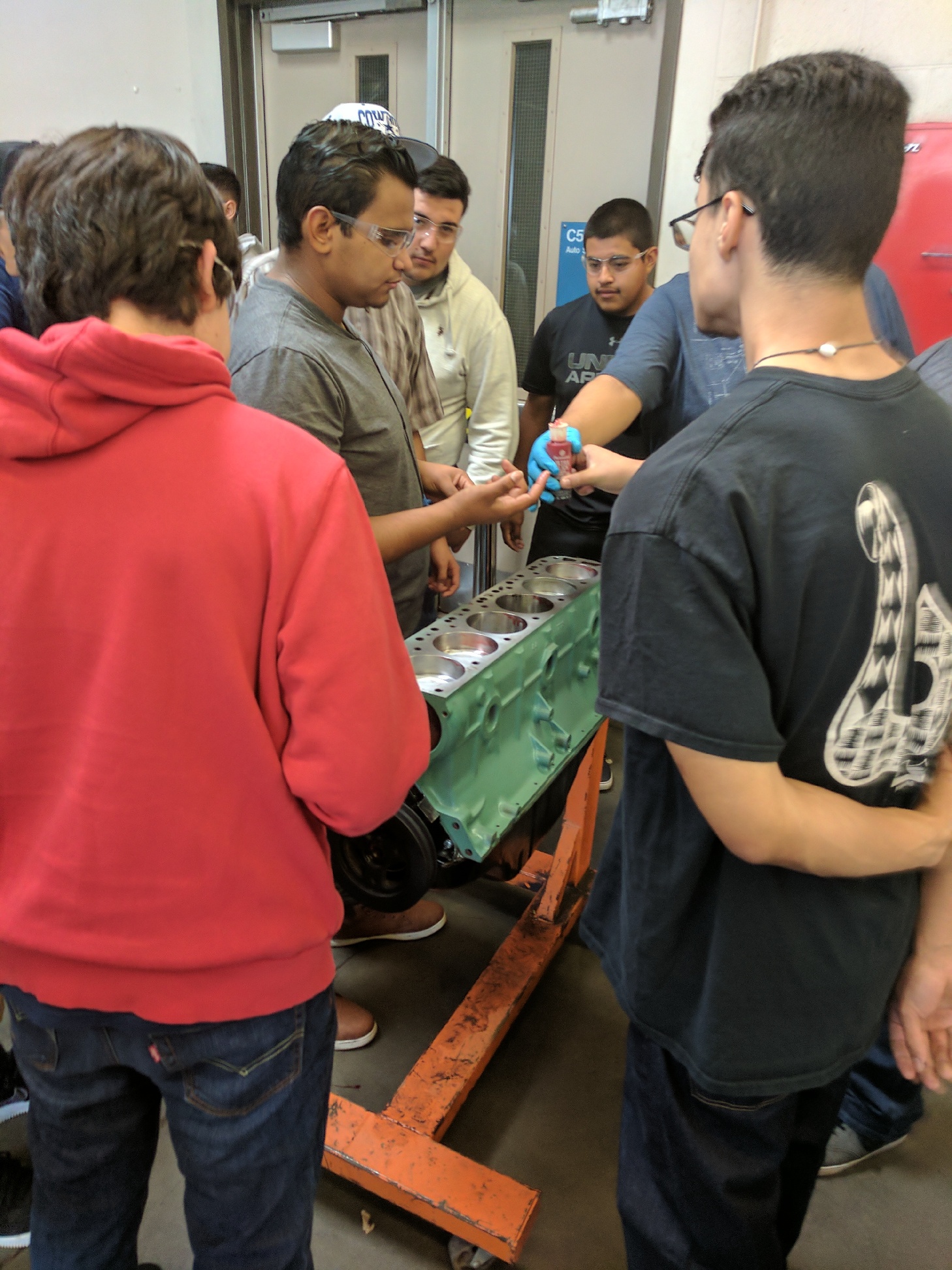 Students working on engine 