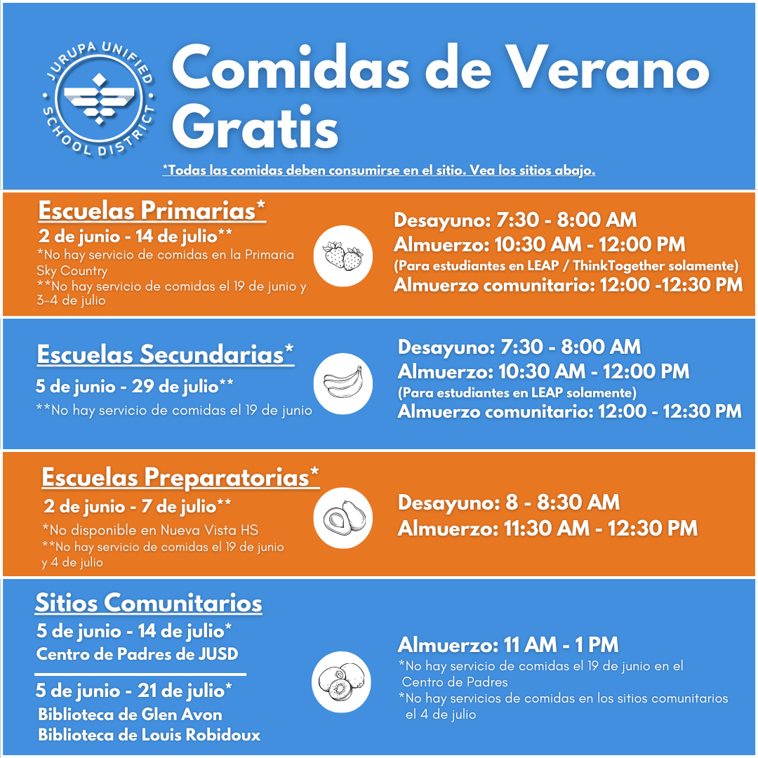 Schedule for free summer meals for 2023 in spanish.