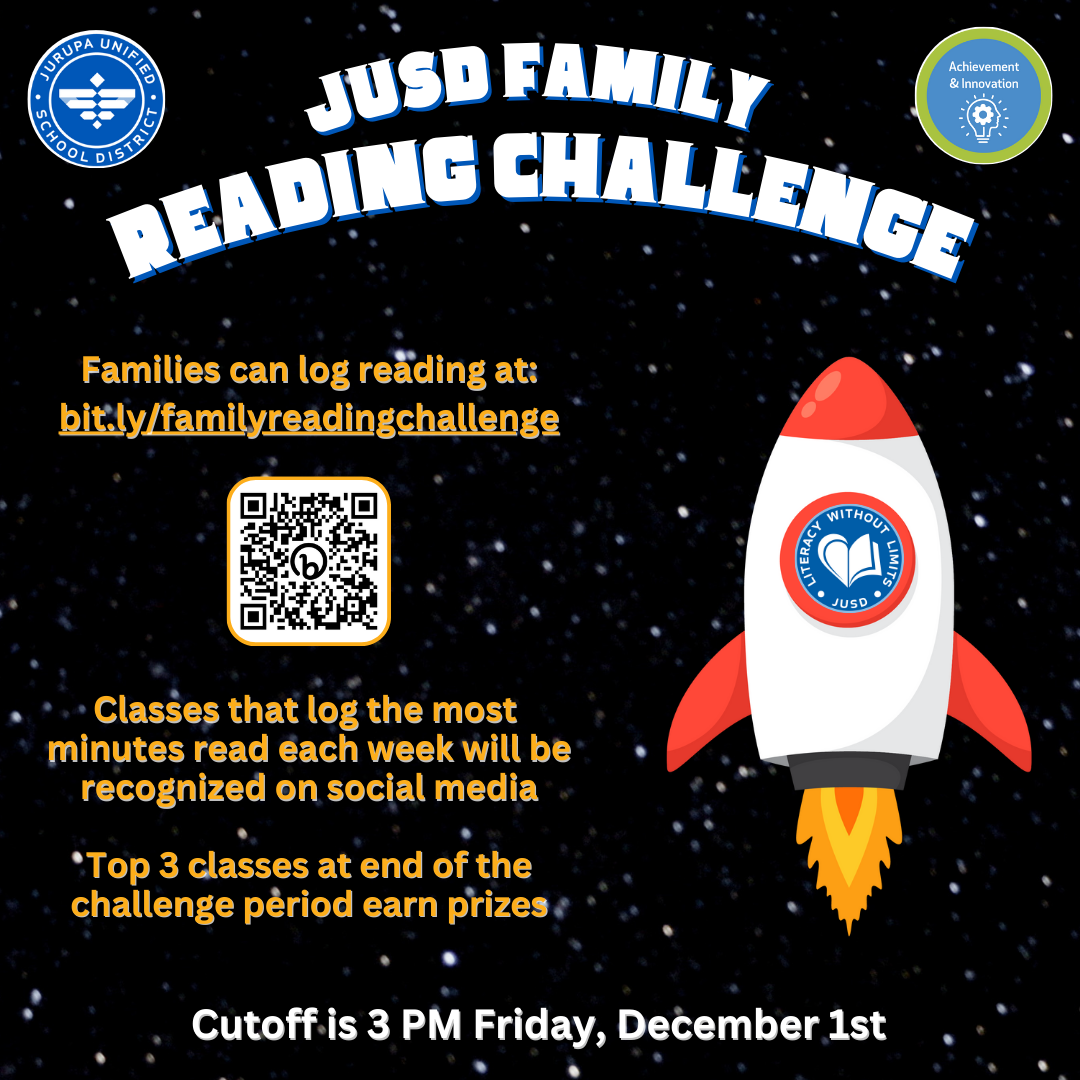 JUSD Family Reading Challenge Flyer with the information in english