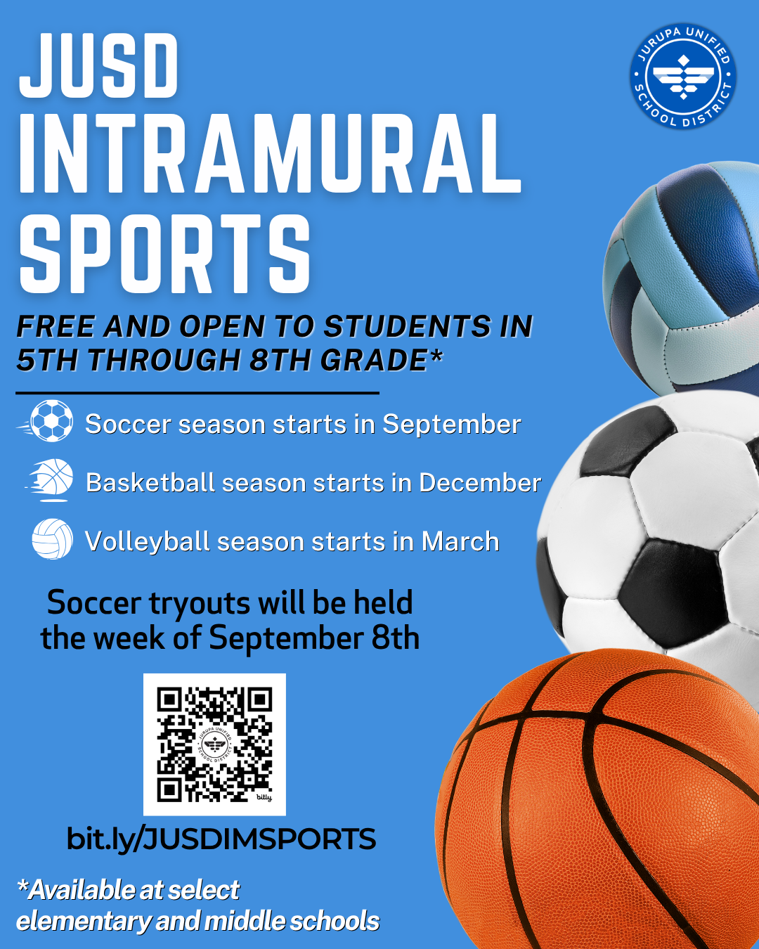 english graphic - intramural sports information on website bit.ly/JUSDIMSPORTS