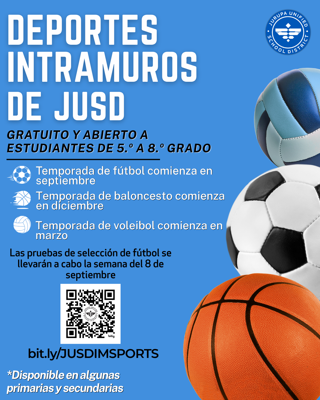 spanish graphic - intramural sports information on website bit.ly/JUSDIMSPORTS