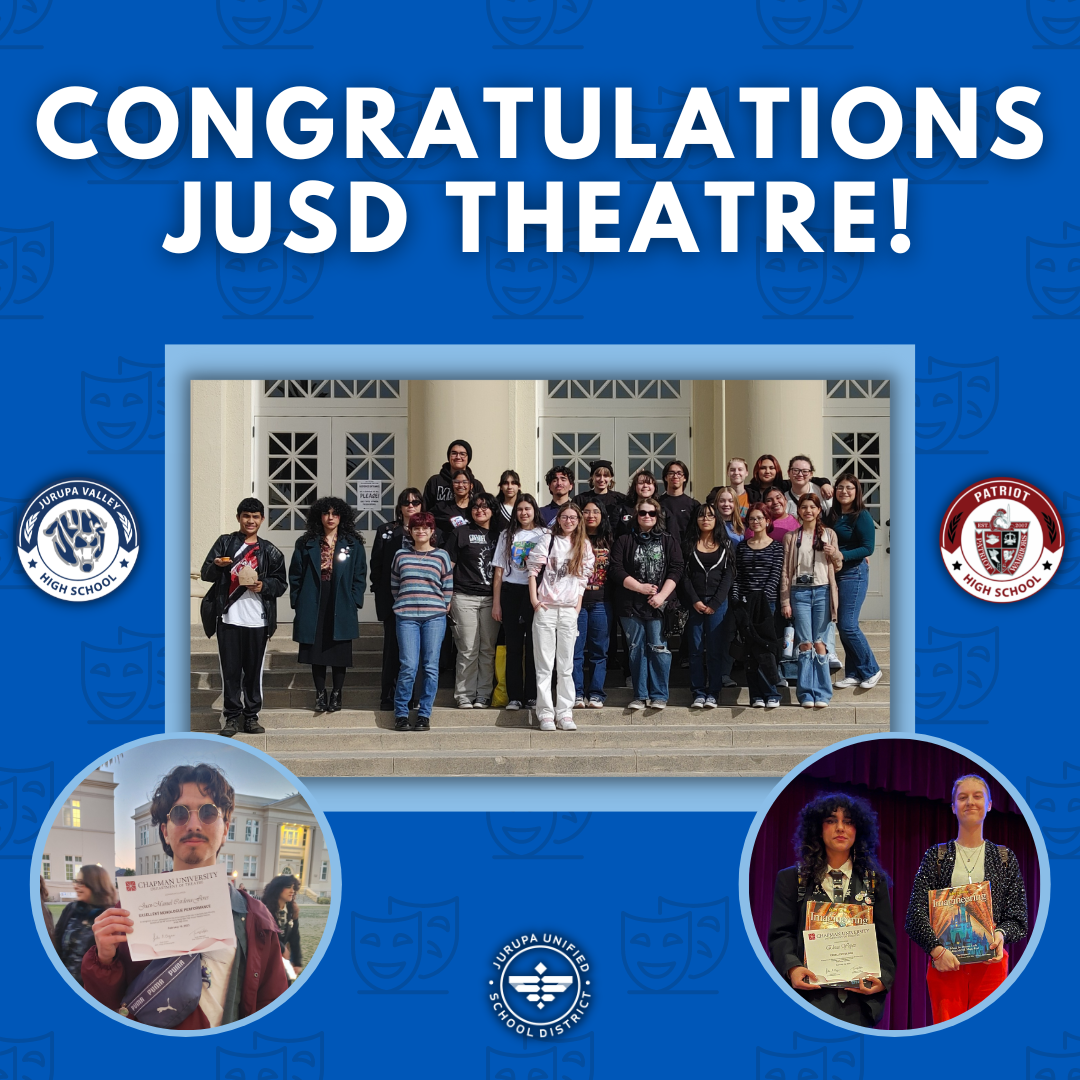 English graphic to congratulate JUSD's theatre programs for their recognitions at a Shakespeare Festival