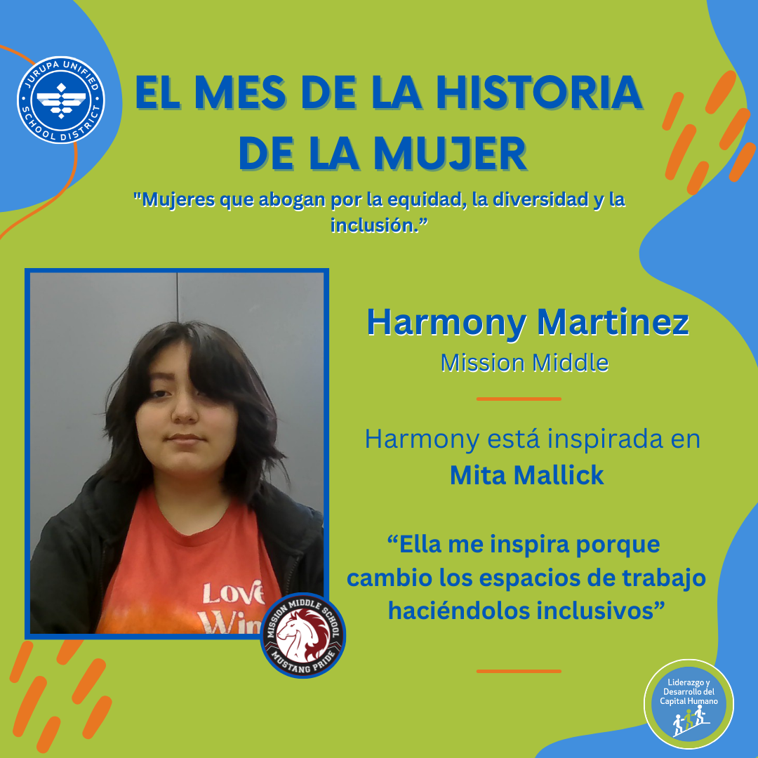 Spanish Social Media graphic for Women's History Month highlighting a Mission Middle School student