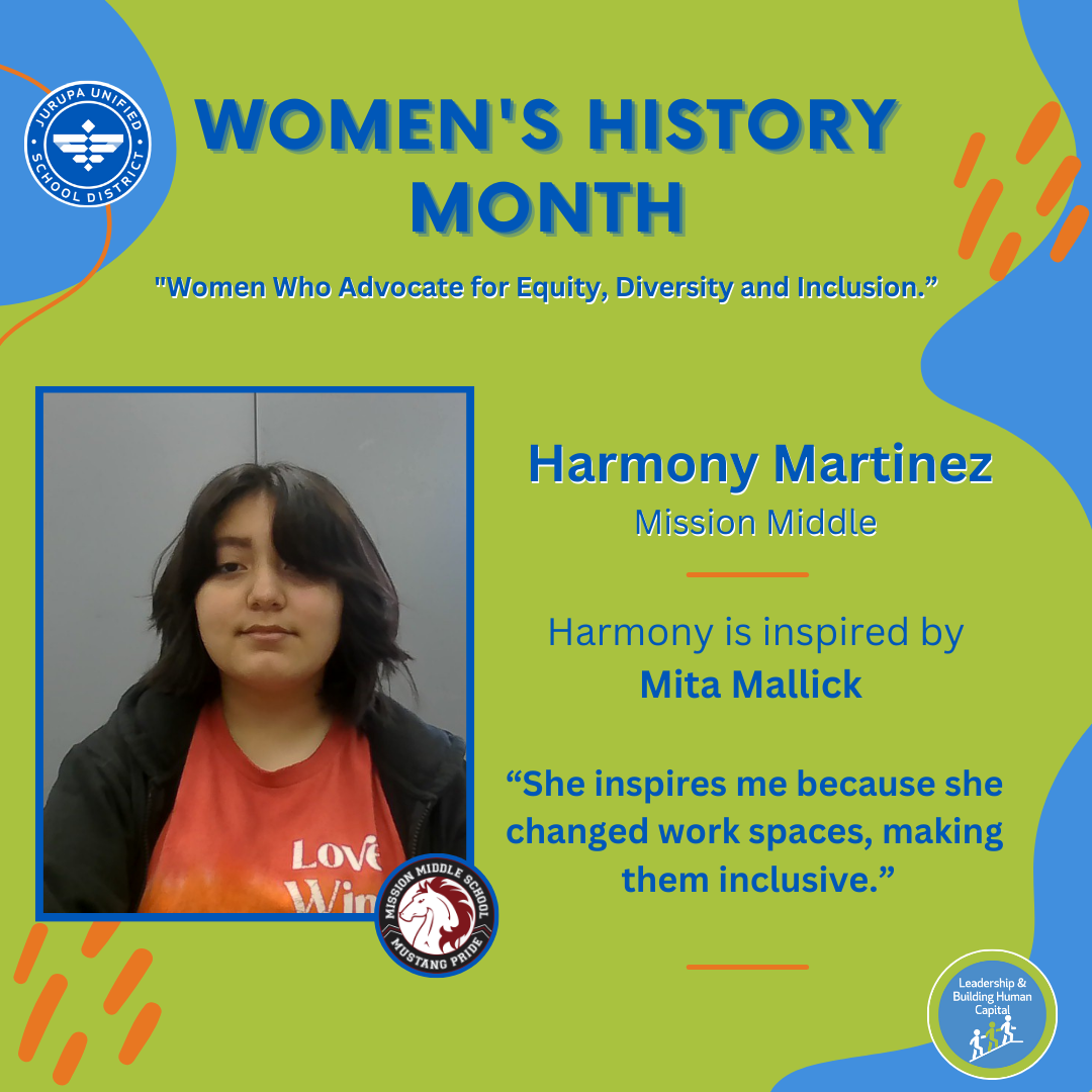 Women's History Month social media graphic for a Mission Middle School student