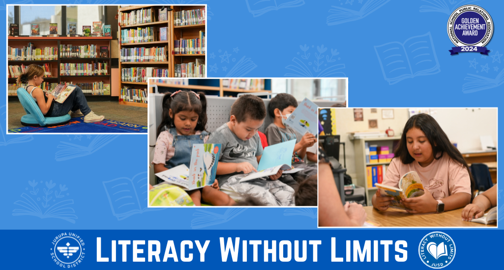 literacy without limits page banner with pictures of students reading