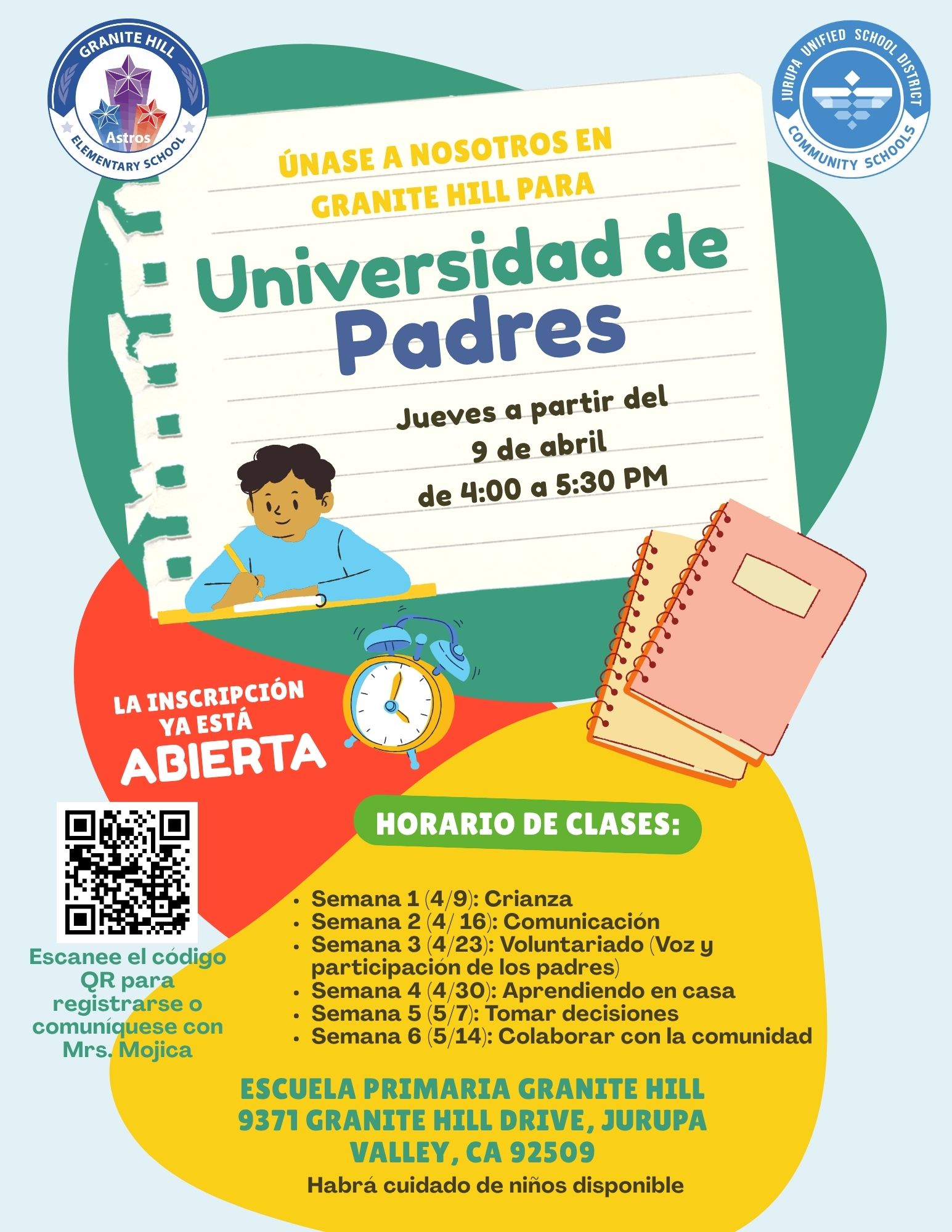 Spanish Parent University flyer for Granite Hill Elementary with class information, schedule, and registration details.