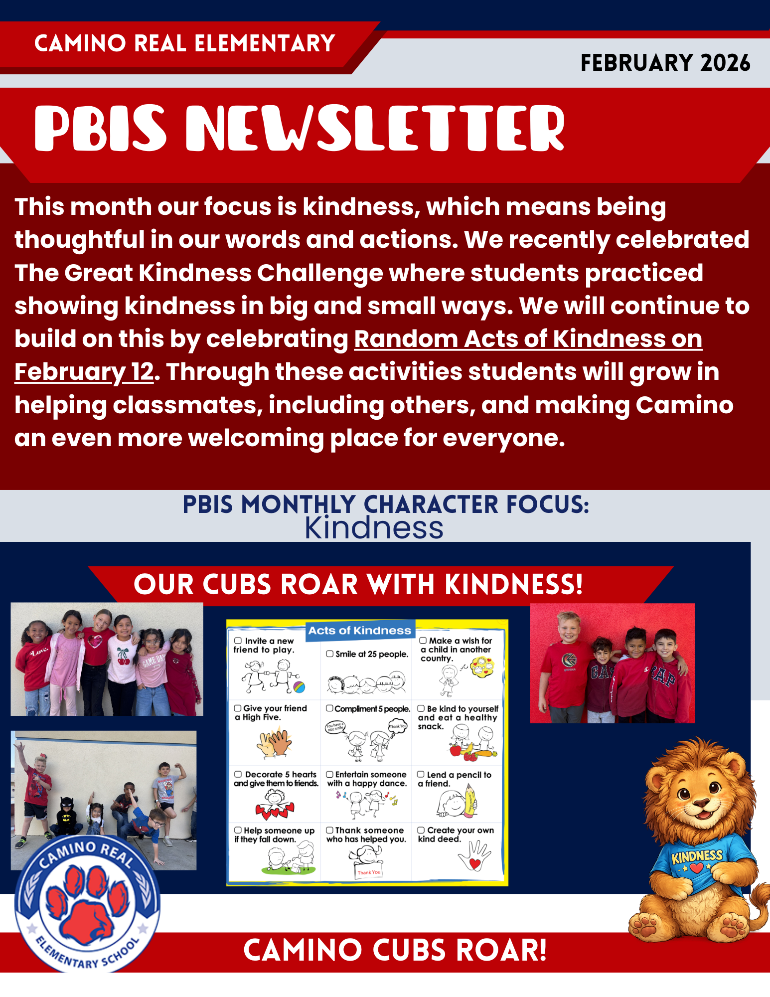 Camino Real Elementary PBIS Newsletter for February 2026 focused on kindness