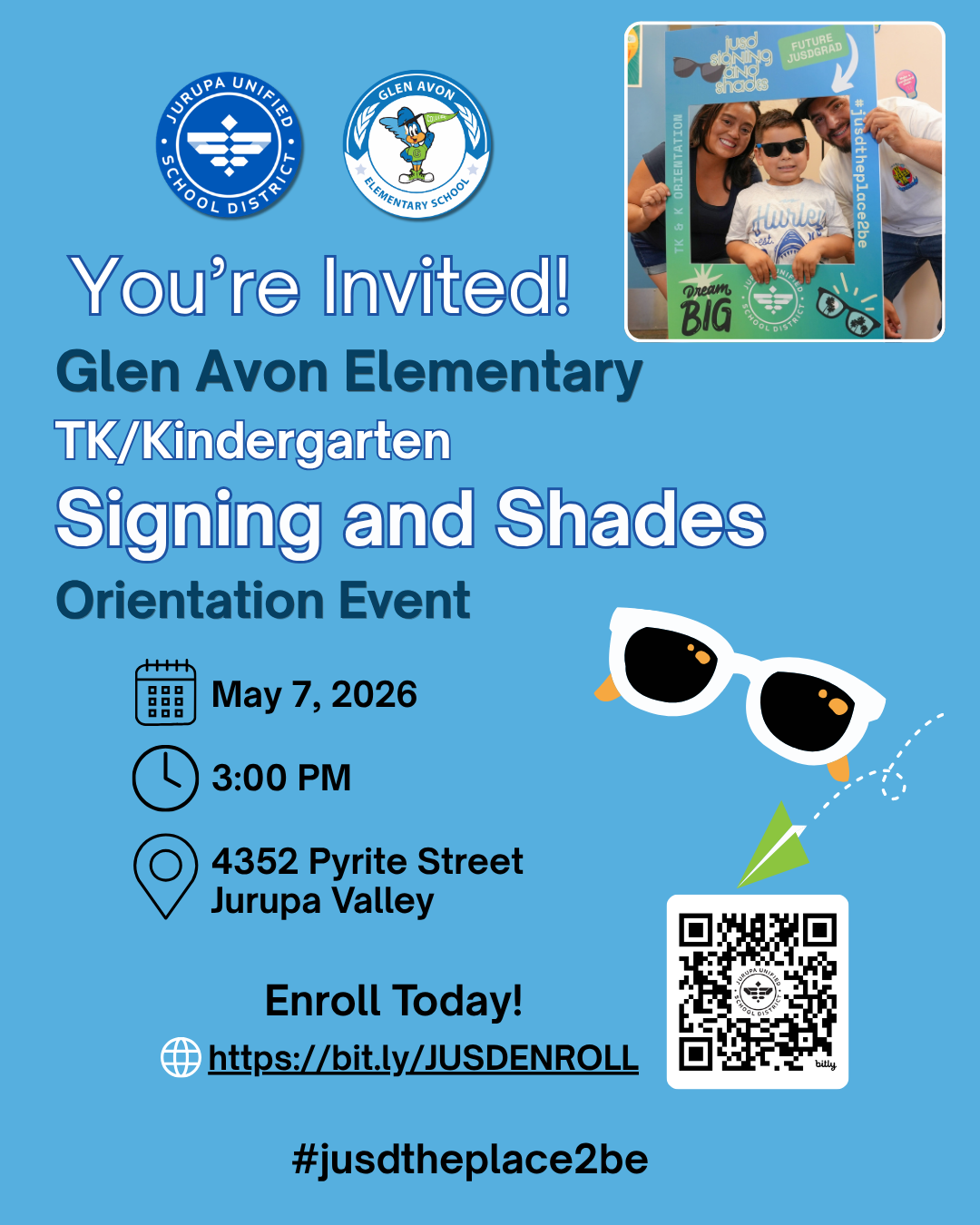 Glen Avon Elementary Signing and Shades Orientation Event flyer