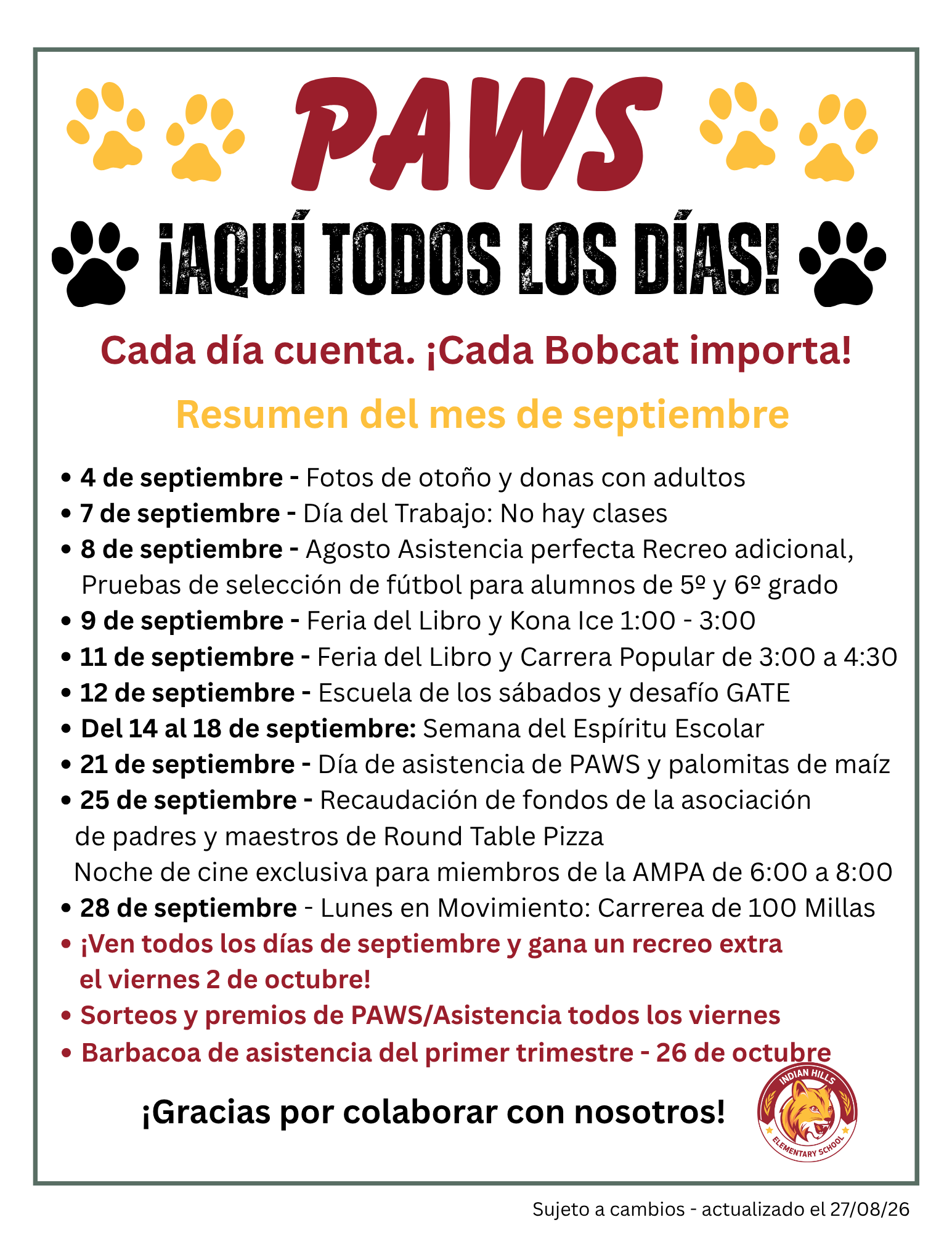 Indian Hills attendance flyer in Spanish. Select this image to open an accessible PDF version of the flyer.
