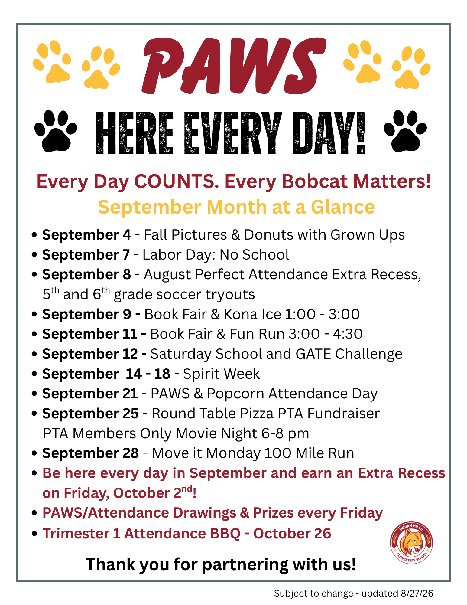 Indian Hills attendance flyer in English. Select this image to open an accessible PDF version of the flyer.
