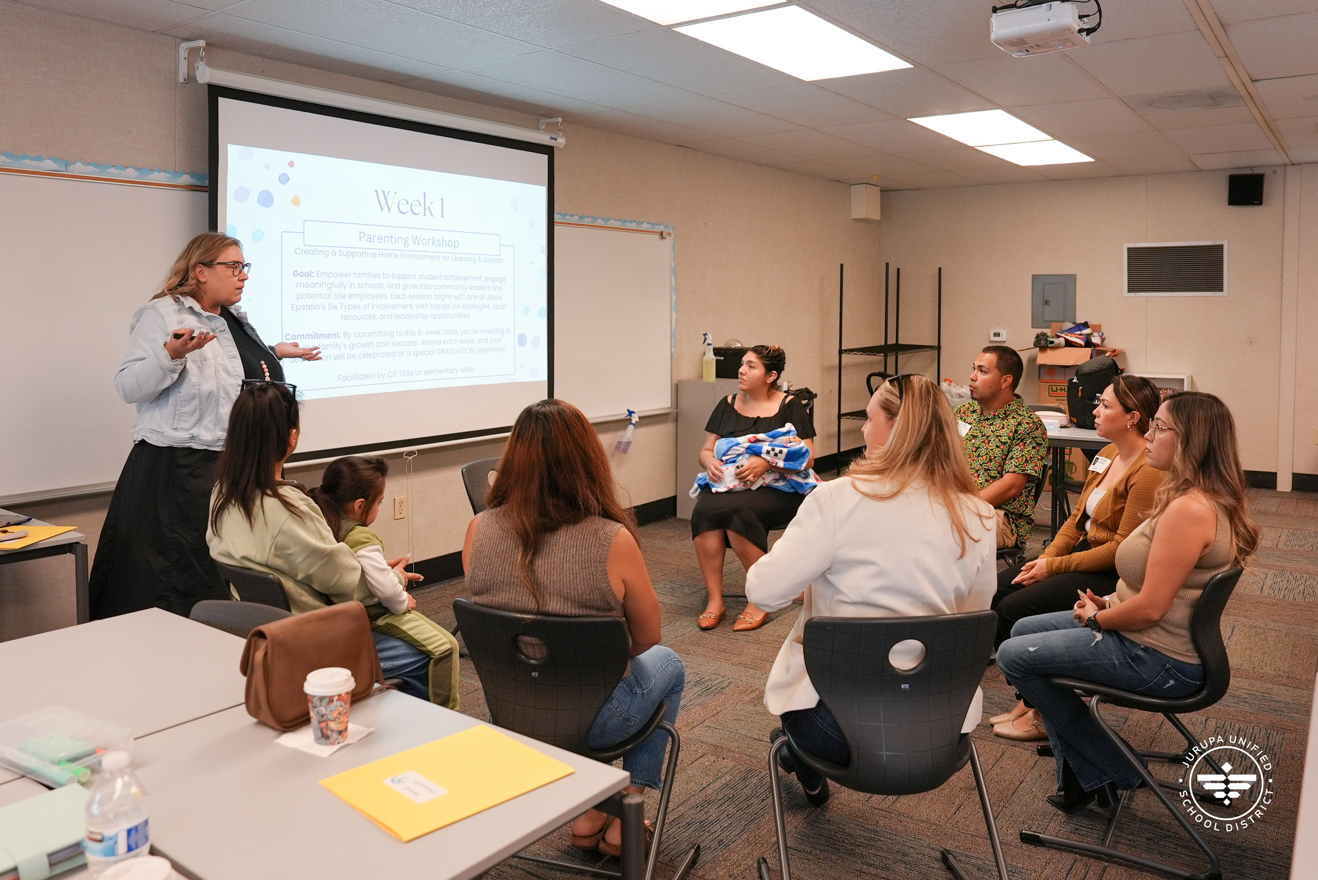 Parents and community members attend a Parent University class at Glen Avon Elementary